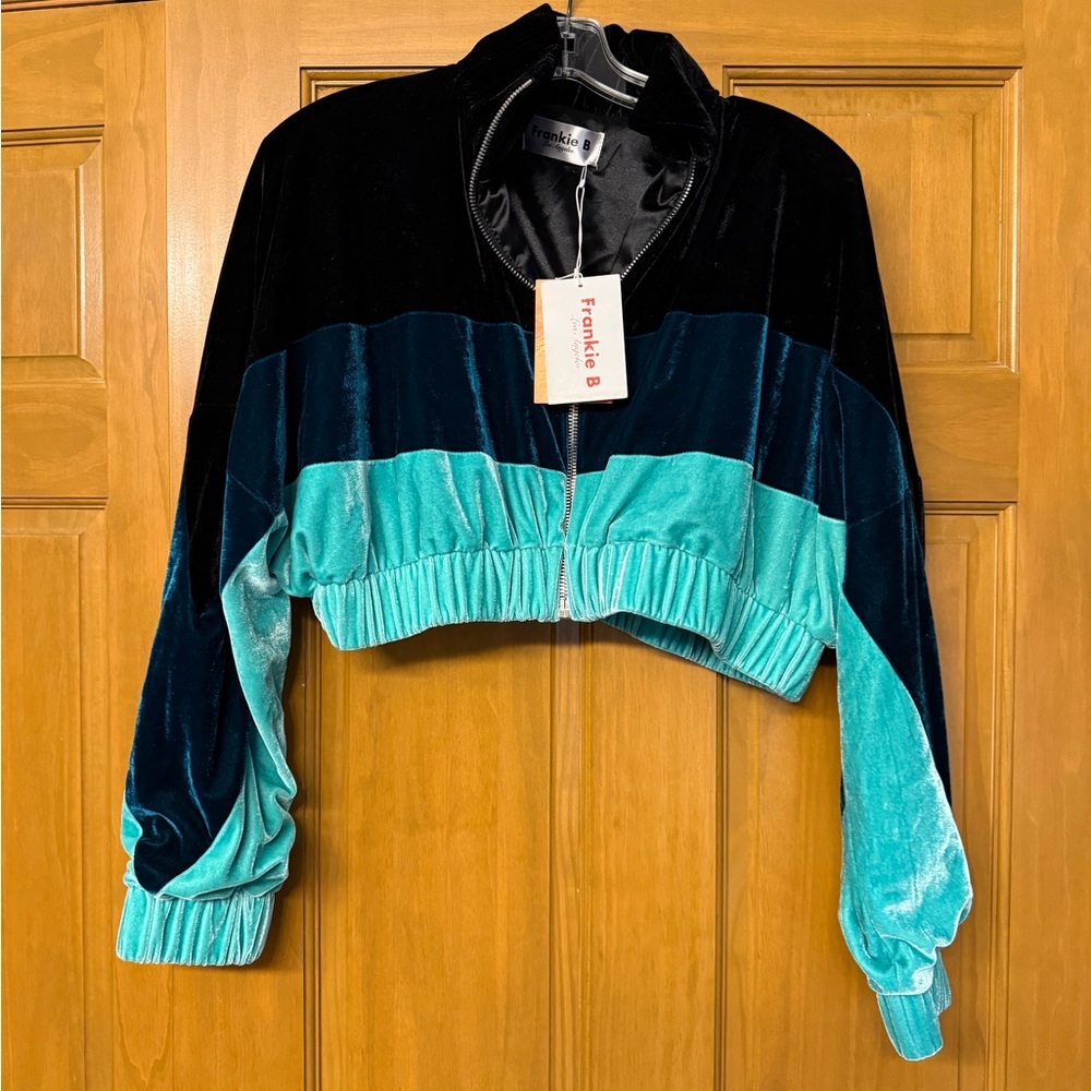 Frankie B. Teal, Dark Teal & Black Cropped Velvet Colorblock Jacket